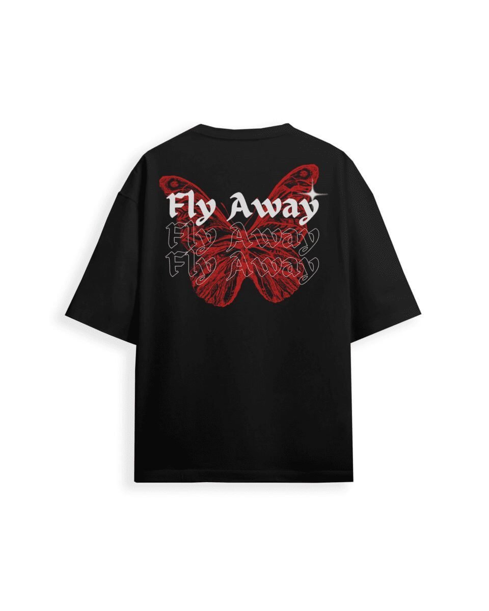 tshirts store near me, affordable black tshirts  online, premium black oversized t-shirt for men & women, tshirts on sale, buy backprint black tshirts: red butterfly print, fly away design- potraying freedom, black tshirts, black black tshirts