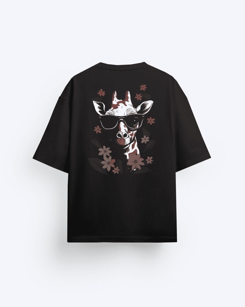 affordable black tshirts for men & women, tshirts on sale, tshirts store near me, black tshirts, premium black oversized t-shirt  online, black black tshirts, best backprint black tshirts: giraffe with flowers backprint on a black t-shirt