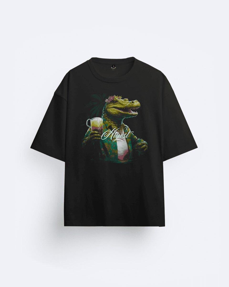 black black tshirts, top-rated black oversized t-shirt  online, buy black tshirts on sale, tshirts for men & women, black tshirts, tshirts store near me, best backprint black tshirts: crocodile chilling in a beach party