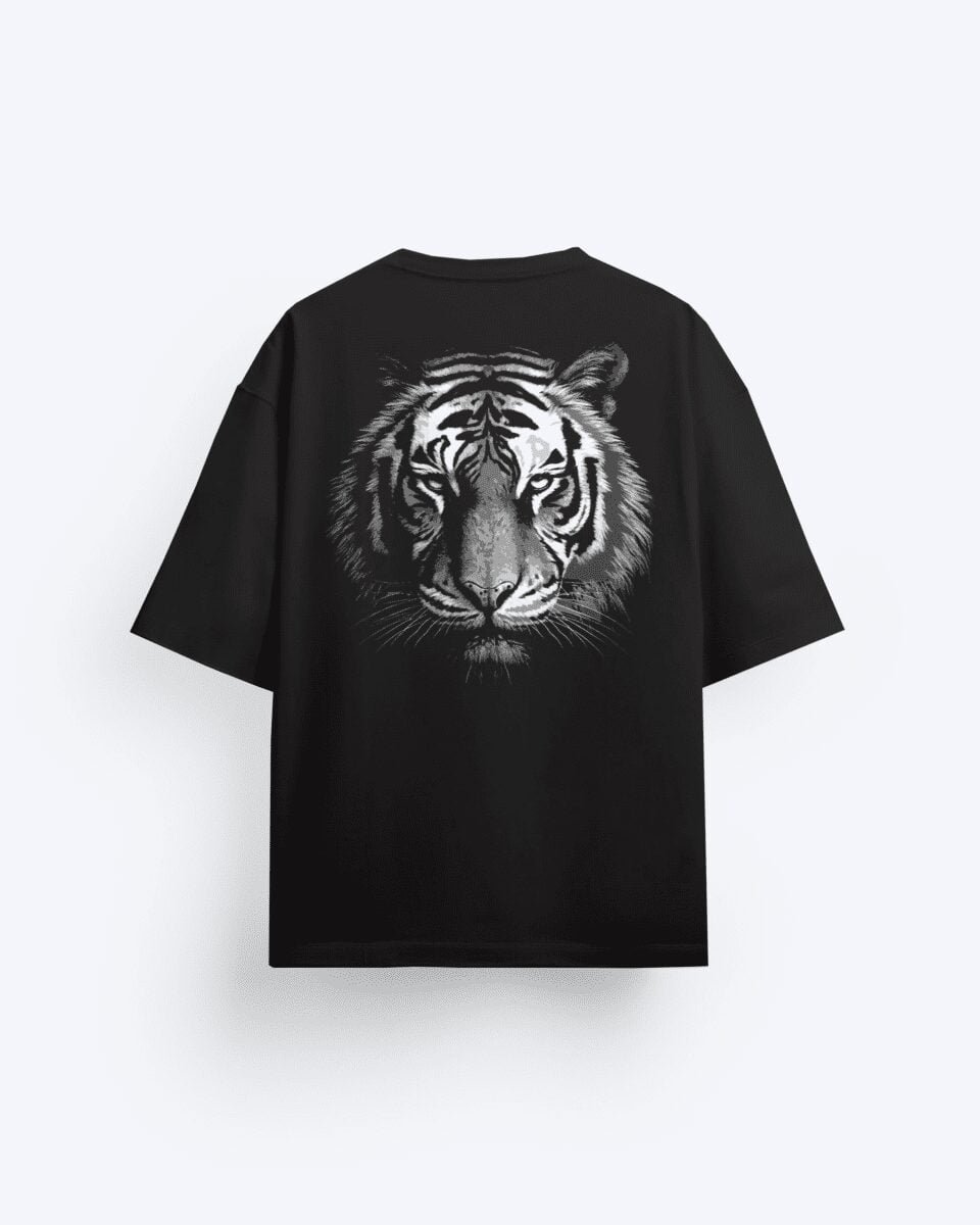 tshirts for men & women, best backprint black tshirts: monochrome backprint of a tiger's face, black tshirts, tshirts store near me, buy black oversized t-shirt on sale, black black tshirts, premium black tshirts  online