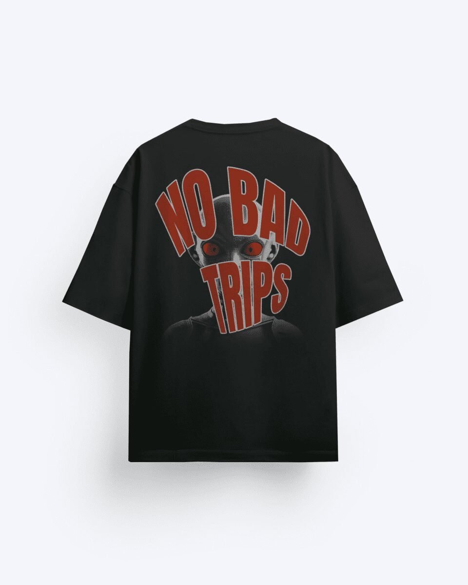 affordable black oversized t-shirt  online, tshirts for men & women, black black tshirts, buy backprint black tshirts: no bad trips in red with an alien behind, premium black tshirts on sale, tshirts store near me, black tshirts