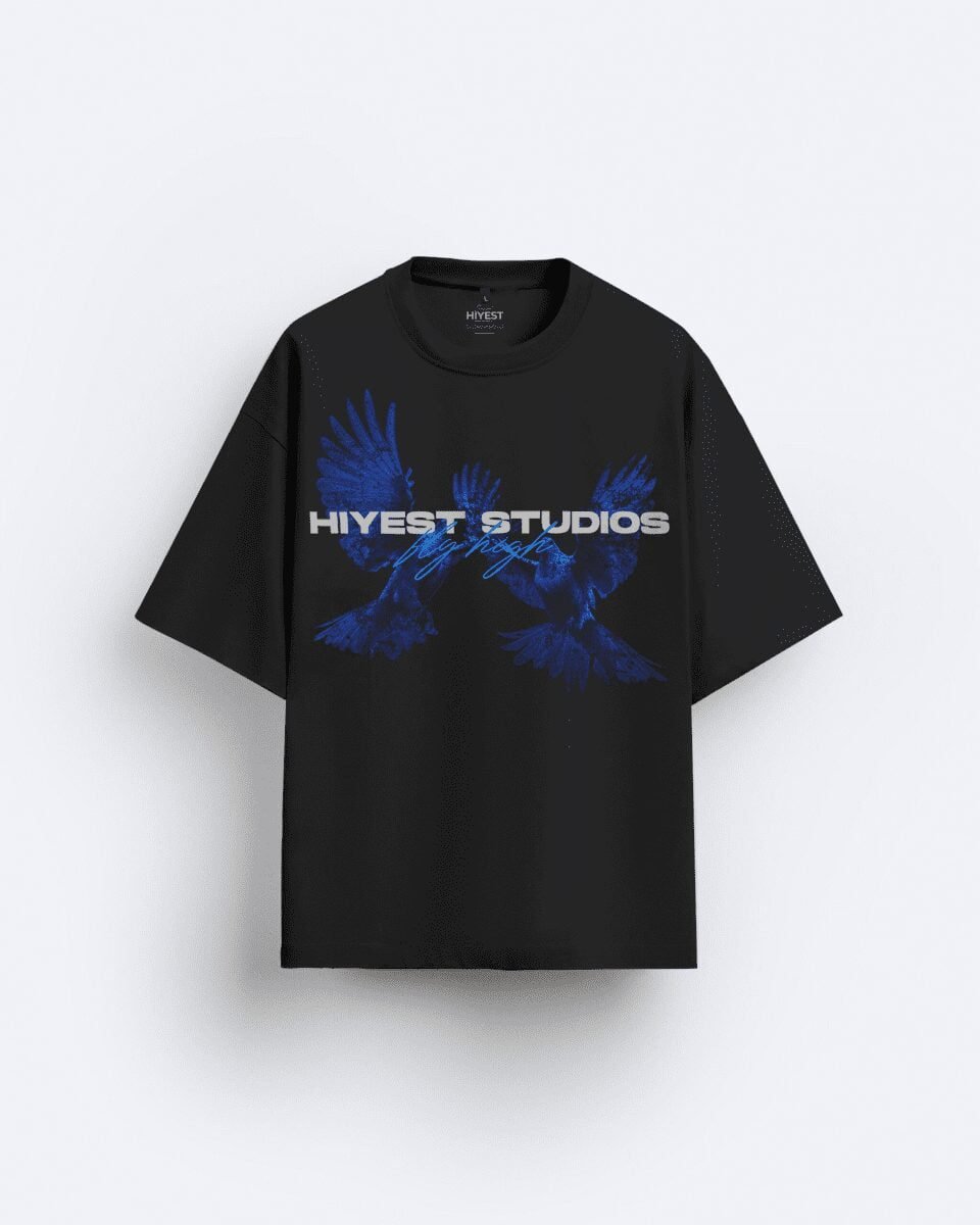 top-rated black oversized t-shirt for men & women, black black tshirts, tshirts on sale, buy black tshirts store near me, best front print black tshirts: hiyest studios written in white with blue doves flying, portraying freedom, tshirts  online, black tshirts