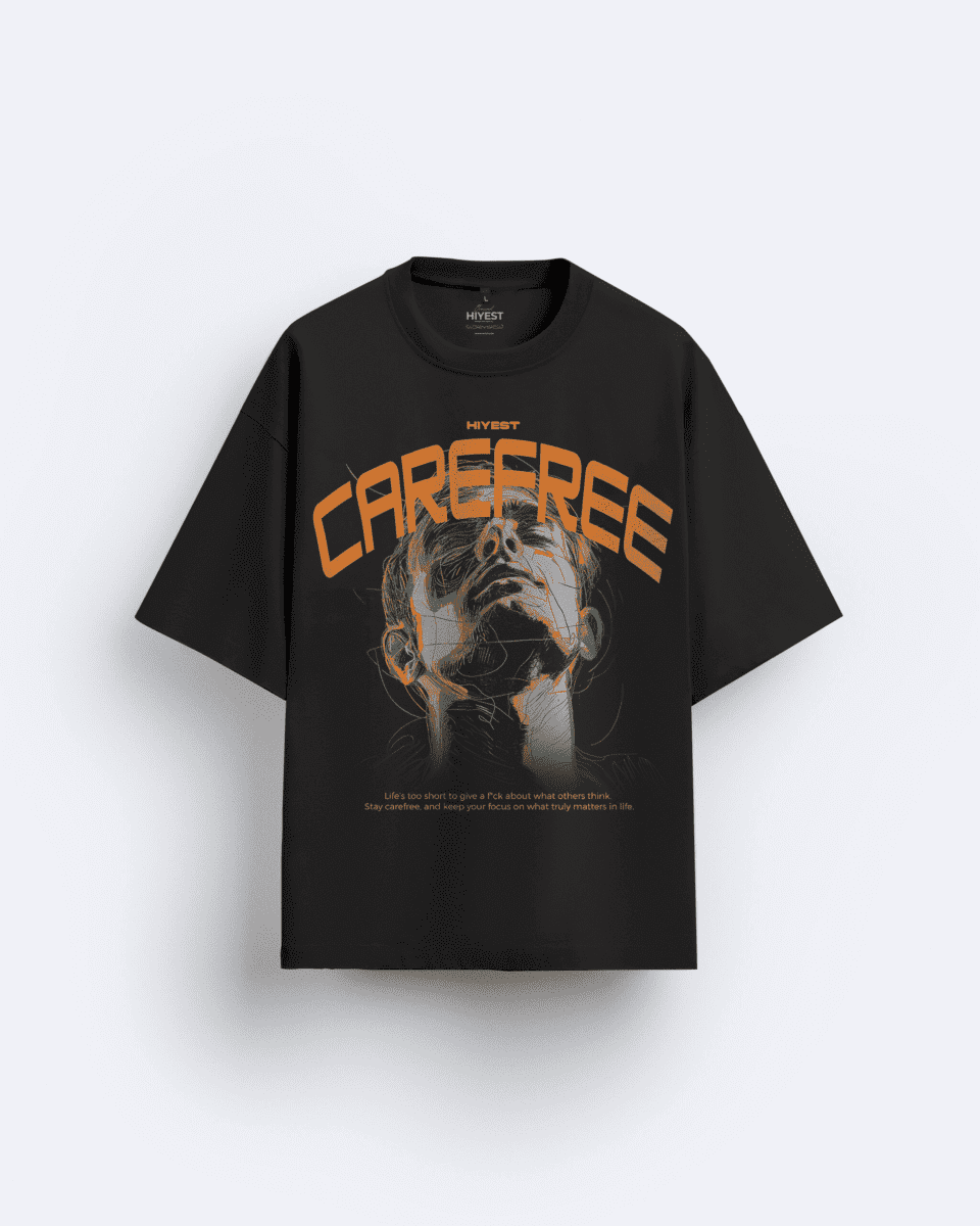tshirts store near me, tshirts on sale, black tshirts, black black tshirts, best black tshirts for men & women, buy front print black tshirts: carefree written in orange with a man being carefree, affordable black oversized t-shirt  online