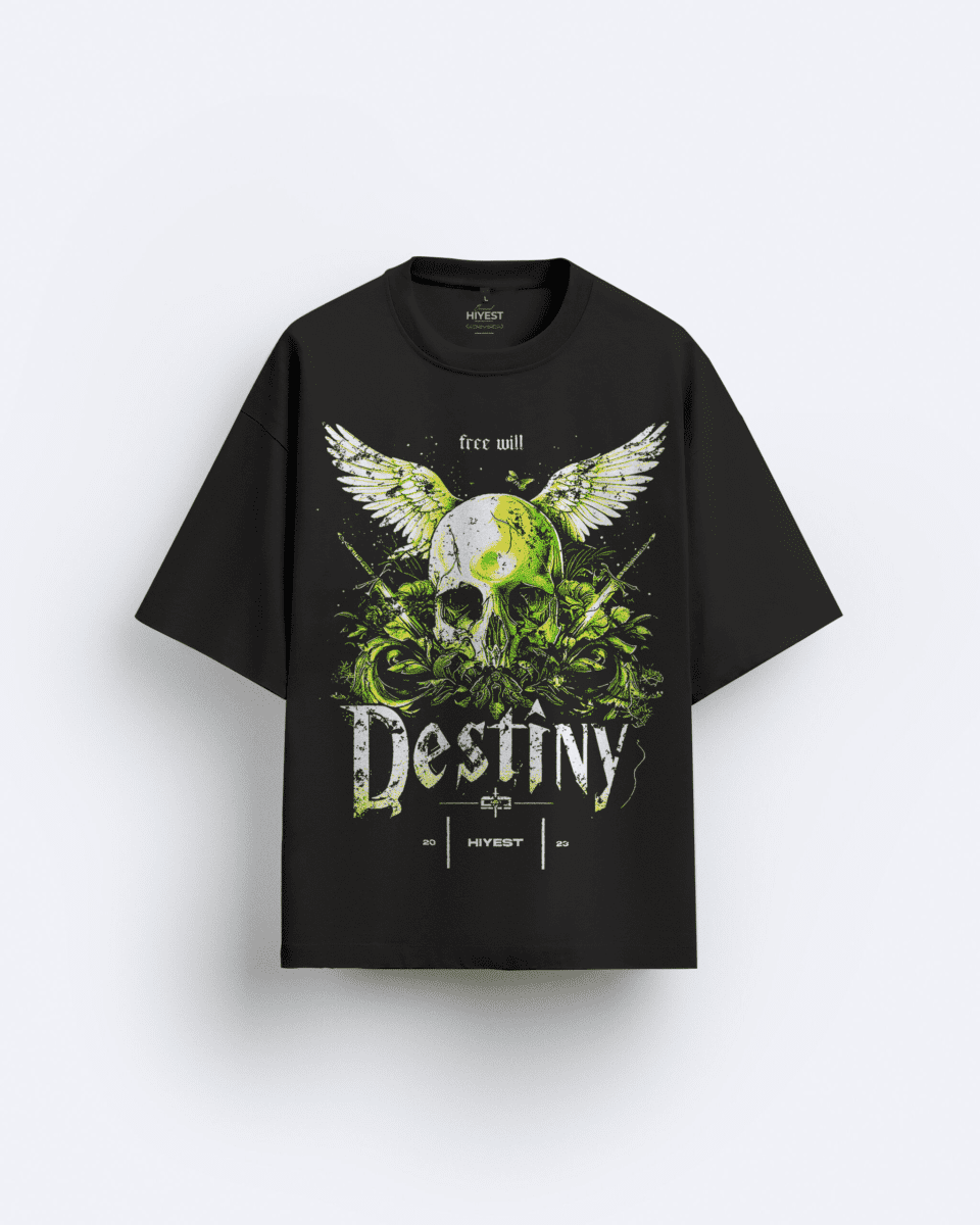 affordable black oversized t-shirt on sale, best black tshirts  online, tshirts for men & women, tshirts store near me, black tshirts, black black tshirts, buy front print black tshirts: white and green skull with wings, questioning, is it destiny? or freewill?