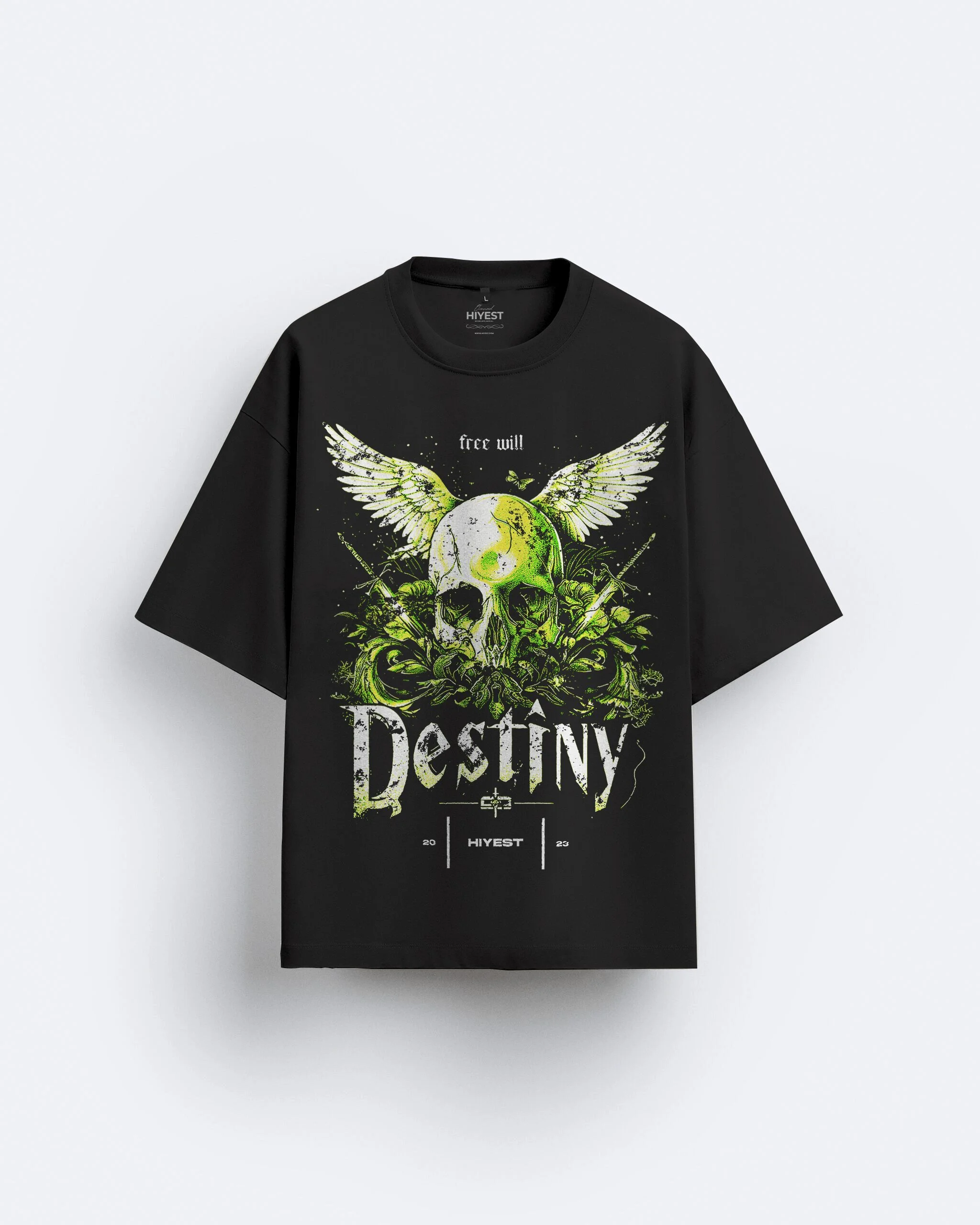 affordable black oversized t-shirt on sale, best black tshirts  online, tshirts for men & women, tshirts store near me, black tshirts, black black tshirts, buy front print black tshirts: white and green skull with wings, questioning, is it destiny? or freewill?