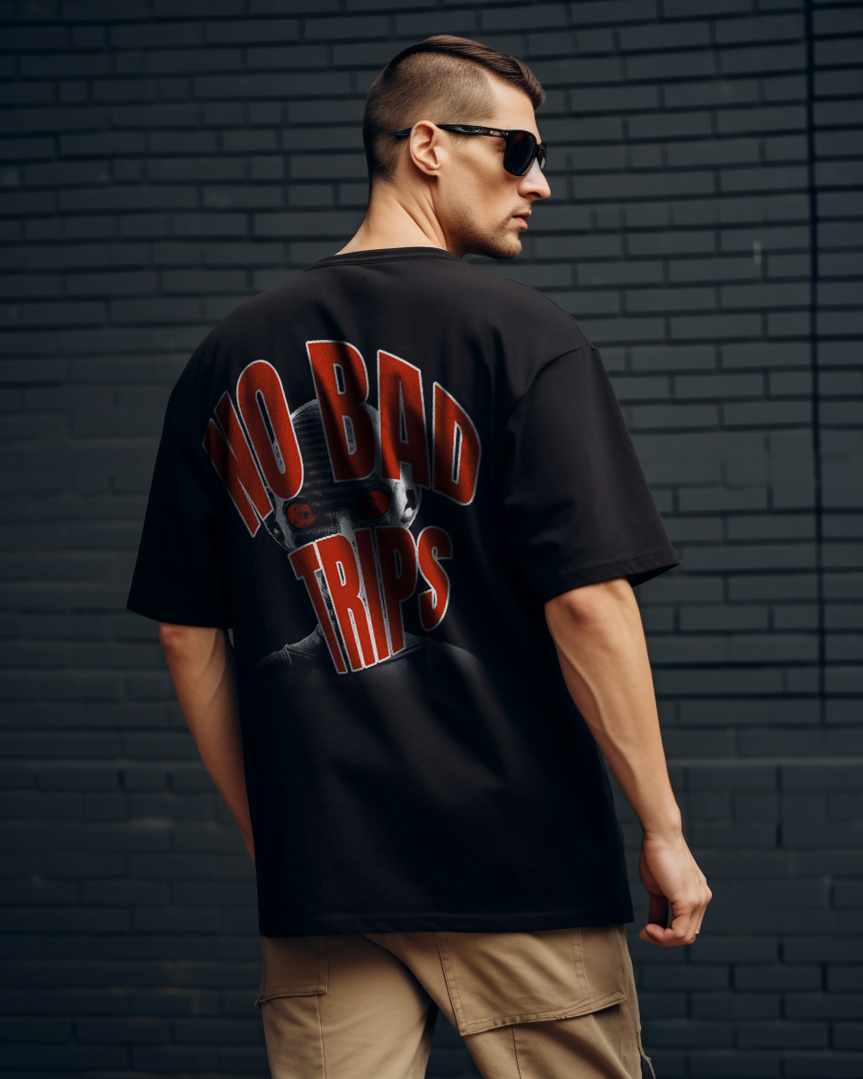 top-rated black oversized t-shirt store near me, black tshirts, tshirts  online, tshirts on sale, black black tshirts, affordable backprint black tshirts: no bad trips in red with an alien behind, best black tshirts for men & women