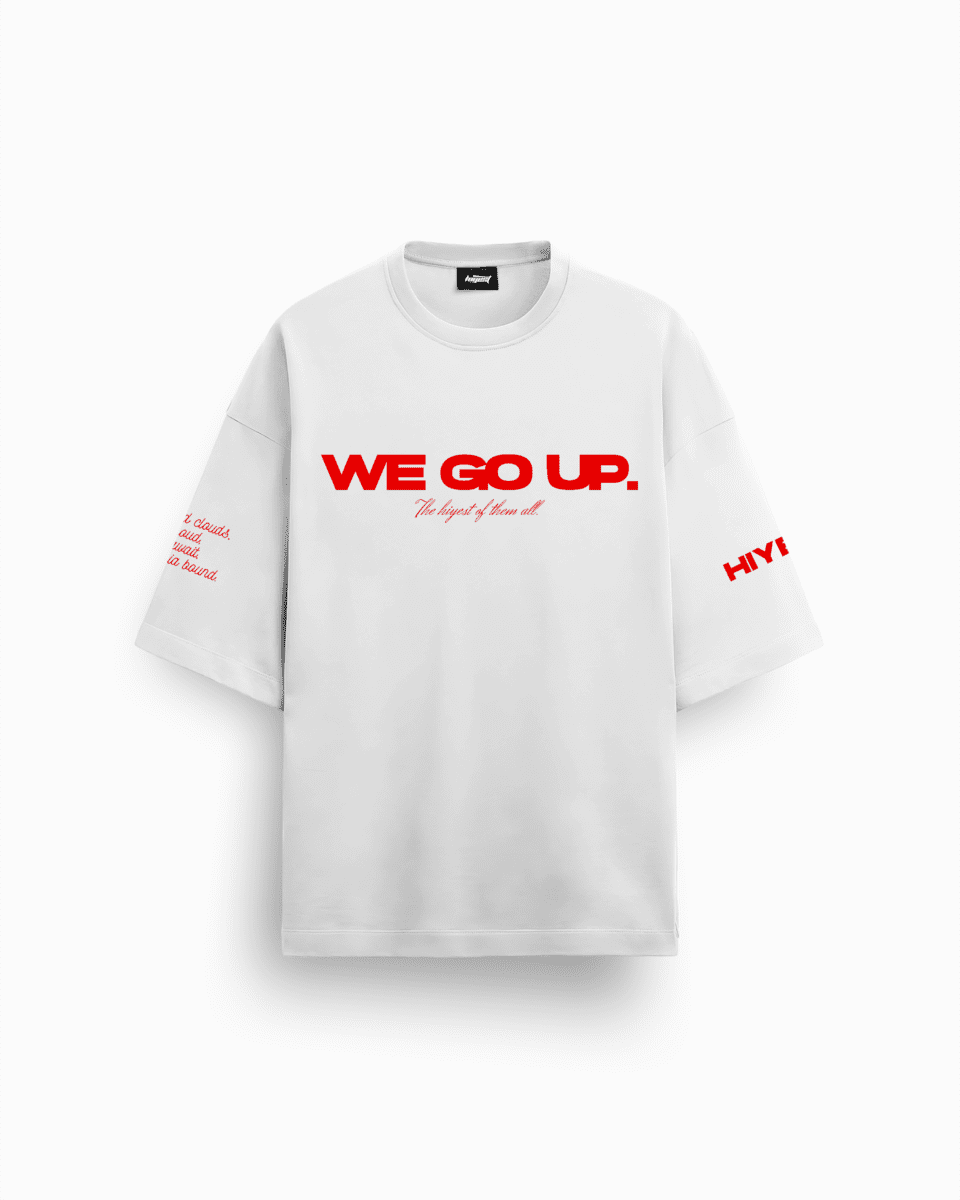 We Go Up, White Heavyweight T-Shirt With Red Slogan Print